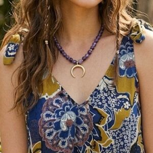 Gold Crescent Pendant Beaded Necklace in Amethyst